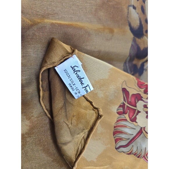 Salvatore Ferragamo Silk Scar Leopard Floral Brown Rectangle Scarf Rolled Hem - Picture 3 of 13